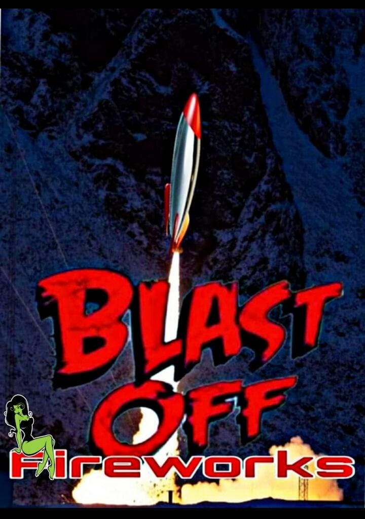 Rocket launching with "Blast Off Fireworks" text.