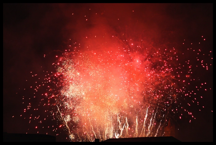 Colorful fireworks bursting in dark sky.