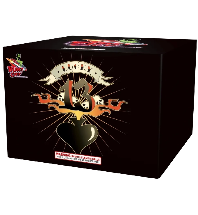 Fireworks box labeled "Lucky 13" design.