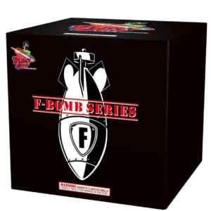 Black box labeled "F-Bomb Series" fireworks.