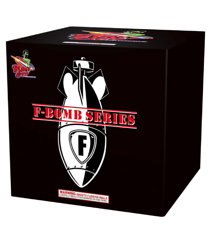 Black box labeled "F-Bomb Series" fireworks.