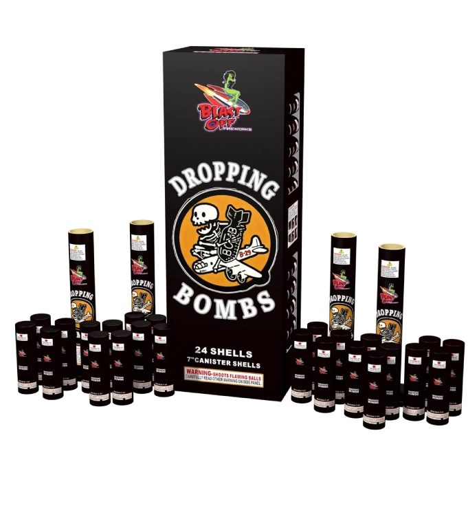 Fireworks package labeled "Dropping Bombs" with shells.