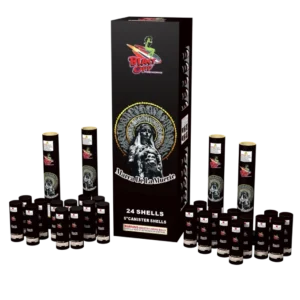Fireworks box with canister shells displayed.